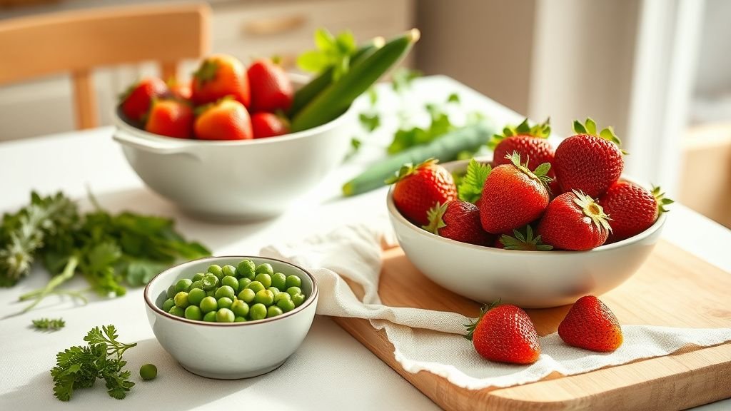 Table de cuisine lumineuse avec fraises, courgettes et herbes fraîches pour un menu sans gluten de juin