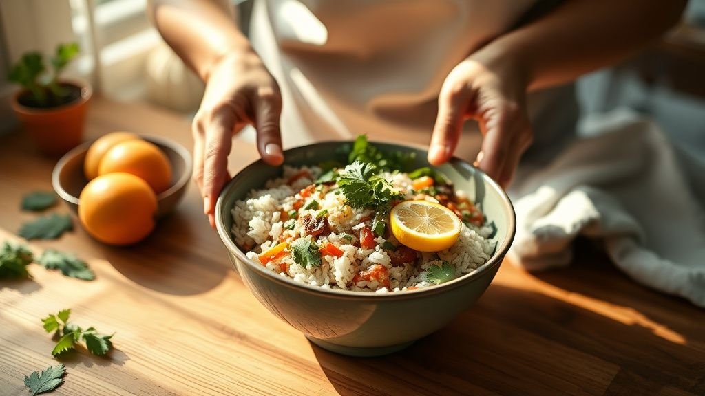 Mains préparant un bol coloré avec riz, légumes et herbes fraîches sur un plan de travail en bois