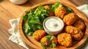 Assiette de nuggets de poulet maison dorés avec salade verte et sauce fraîche sur fond de cuisine lumineuse