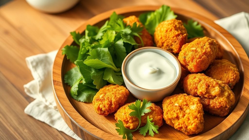 Nuggets de poulet maison sans gluten, croustillants et simples 1 Assiette de nuggets de poulet maison dorés avec salade verte et sauce fraîche sur fond de cuisine lumineuse