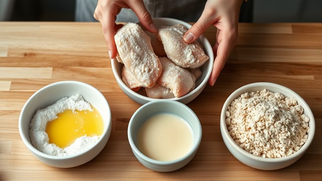 Nuggets de poulet maison sans gluten, croustillants et simples 2 Mains en train de paner des morceaux de poulet dans trois bols sur un plan de travail en bois