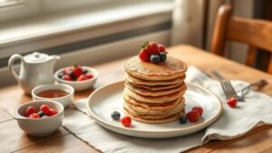 Pile de pancakes au levain sans gluten sur une assiette, avec fruits frais et lumière du matin