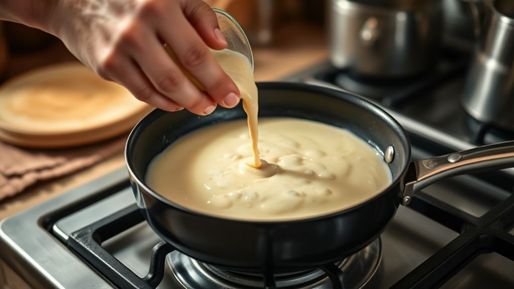 Mains versant la pâte à pancakes dans une poêle, avec bulles visibles et lumière naturelle