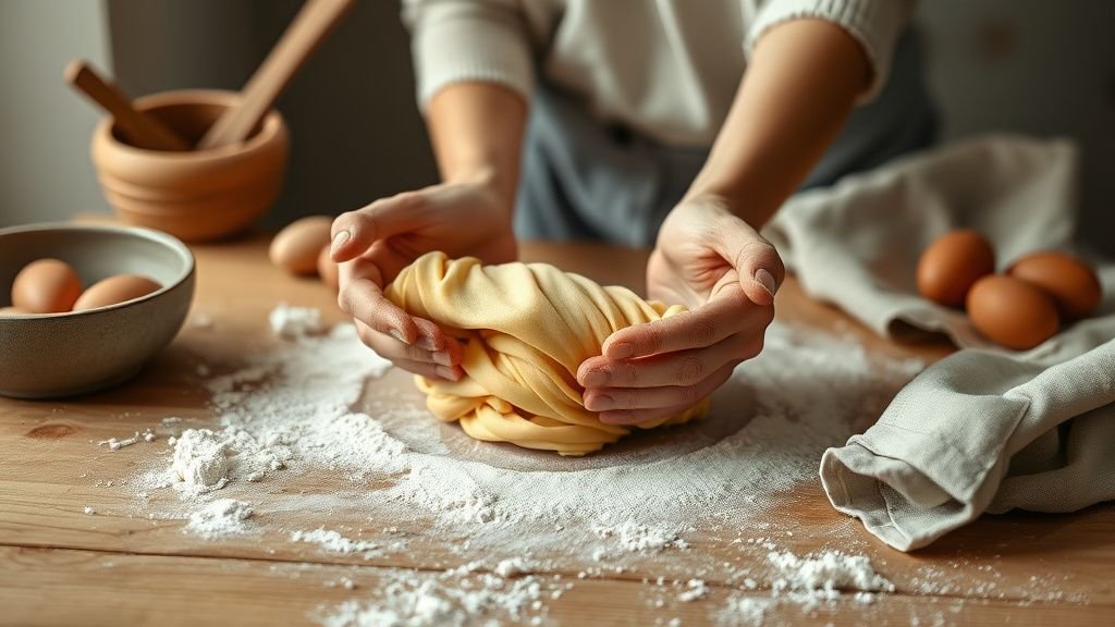 Mains étalant des pâtes fraîches sans gluten sur un plan de travail en bois dans une cuisine lumineuse