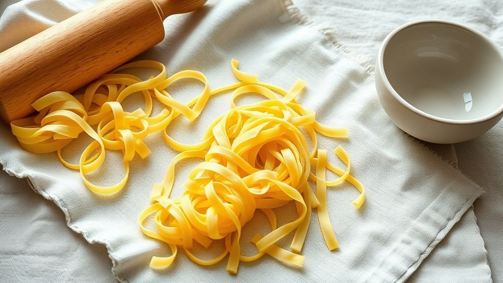 Rubans de pâtes fraîches sans gluten en train de sécher sur un linge propre près d’un rouleau à pâtisserie