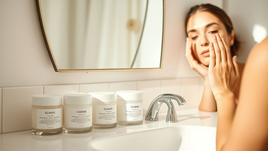 Peau grasse : 3 crèmes hydratantes légères à adopter 1 Crèmes hydratantes légères posées sur une coiffeuse avec une main appliquant un soin sur le visage