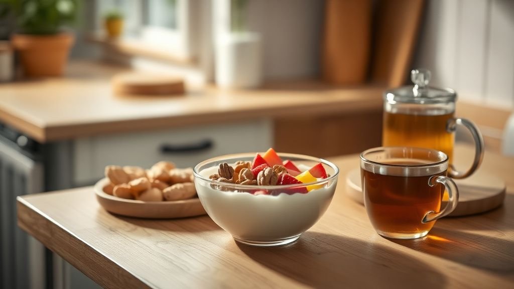 Perte de poids durable : la méthode simple qui change tout 1 Petit-déjeuner sain et apaisant sur une table en bois, lumière naturelle et ambiance slow living