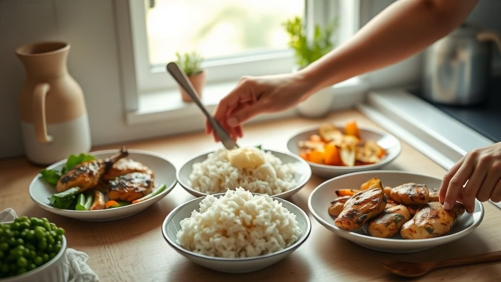 Perte de poids durable : la méthode simple qui change tout 2 Mains préparant un repas équilibré avec riz, poulet et légumes dans une cuisine lumineuse
