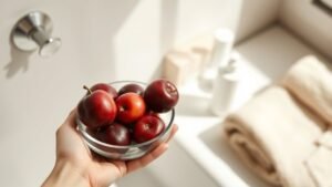 Main en tenant des prunes rouges près d’un flacon de soin dans une salle de bain lumineuse