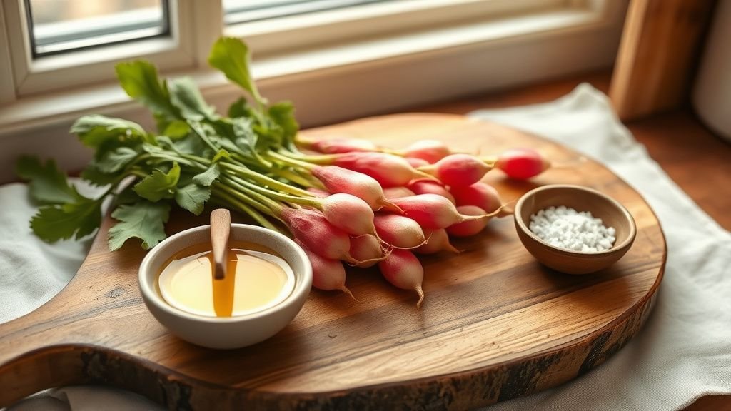 Radis roses frais servis sur une planche en bois avec huile d’olive et sel, lumière naturelle