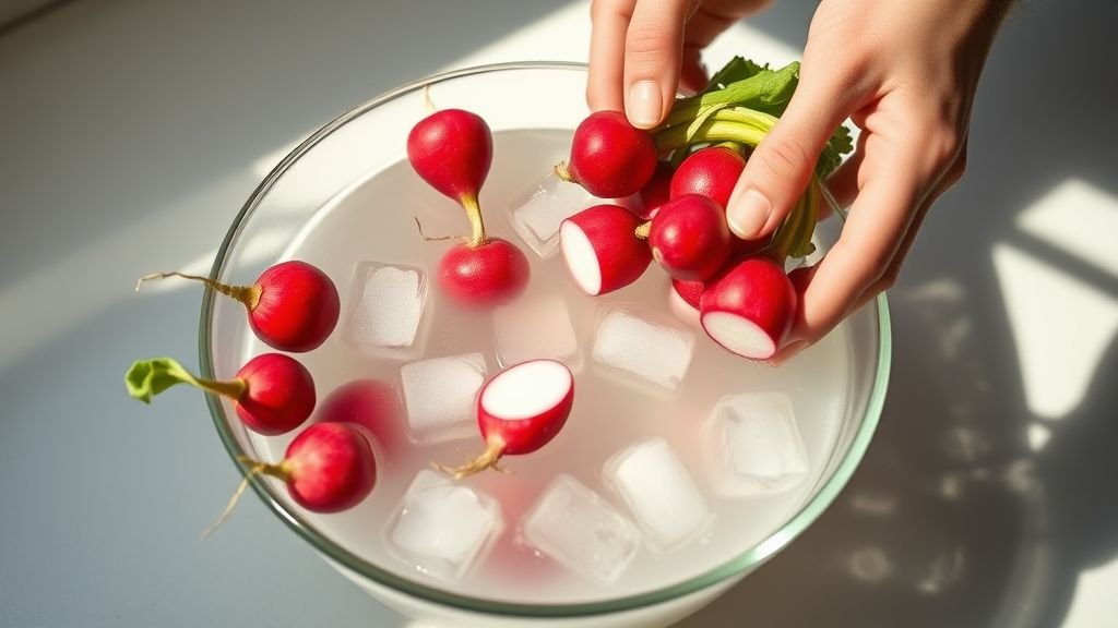 Mains plongeant des radis dans un bol d’eau glacée pour les rendre plus croquants