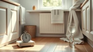 Reprise de poids : le repère simple à surveiller chaque semaine 1 Balance sobre dans une salle de bain lumineuse avec lumière naturelle et ambiance apaisée