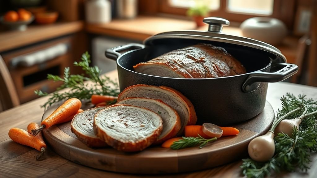 Rôti de veau en cocotte aux carottes fondantes : recette 1 Rôti de veau en cocotte servi avec des carottes fondantes dans une ambiance de cuisine chaleureuse
