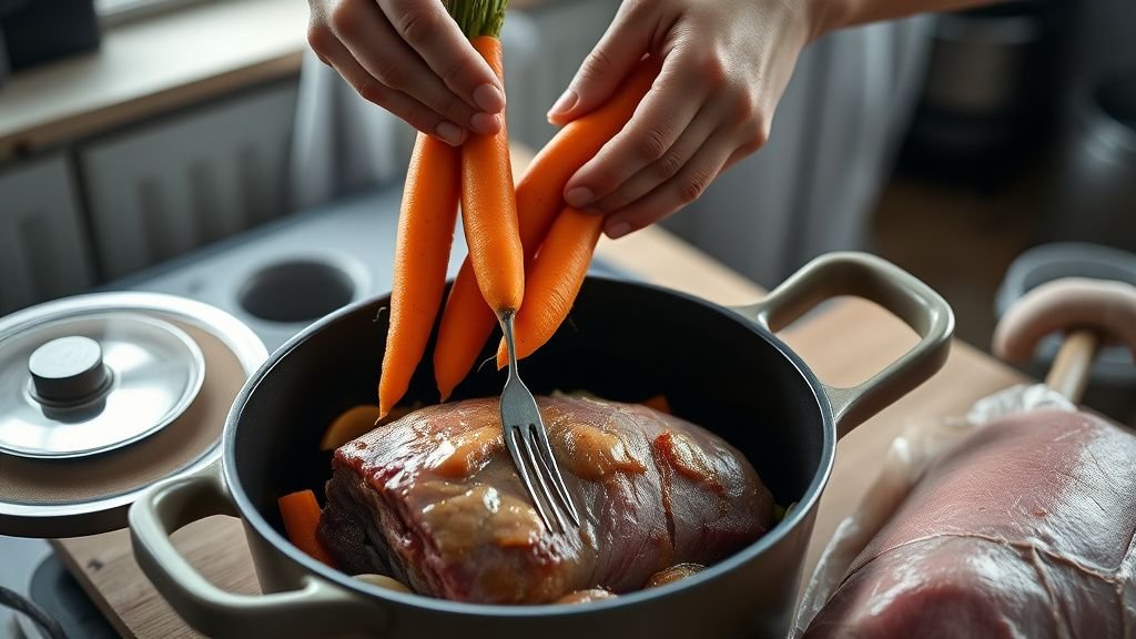 Rôti de veau en cocotte aux carottes fondantes : recette 2 Mains disposant des carottes et des oignons dans une cocotte en fonte près d’un rôti de veau