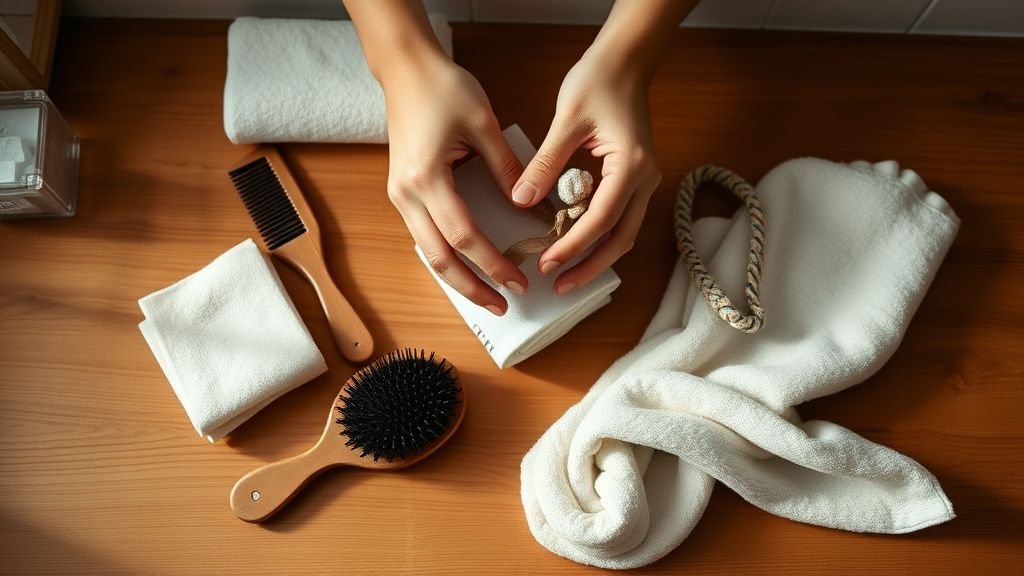 Accessoires de coiffure posés sur un plan de travail en bois sous une lumière naturelle douce