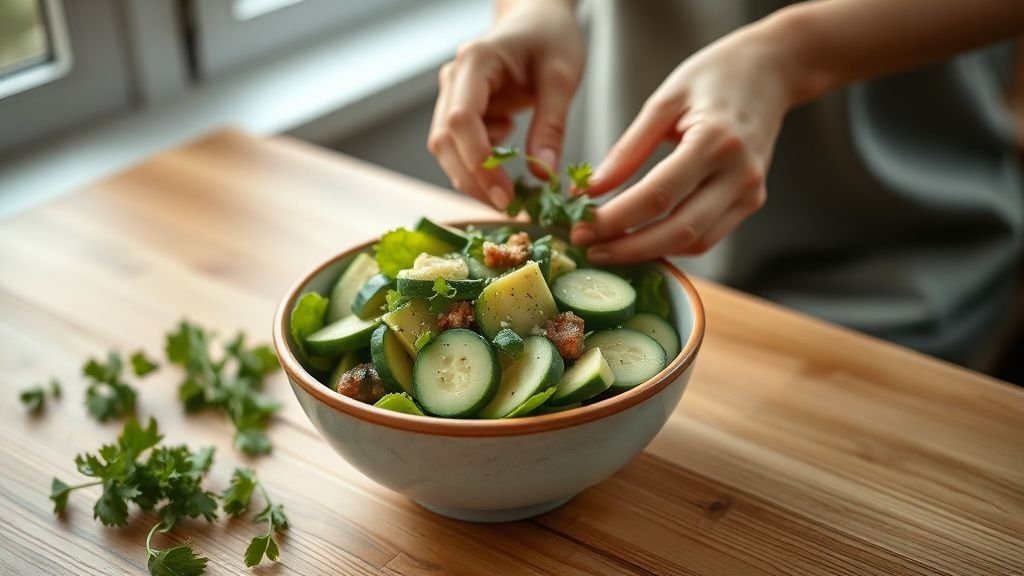 Salade avocat concombre servie dans un bol en céramique sur une table en bois, lumière naturelle douce