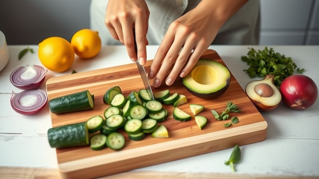 Mains coupant avocat et concombre sur une planche en bois avec citron, oignon rouge et herbes fraîches