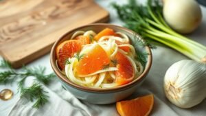 Salade de fenouil aux agrumes : fraîcheur croquante et simple 2 Salade de fenouil aux agrumes dans un bol rustique, avec fenouil émincé et quartiers d’orange