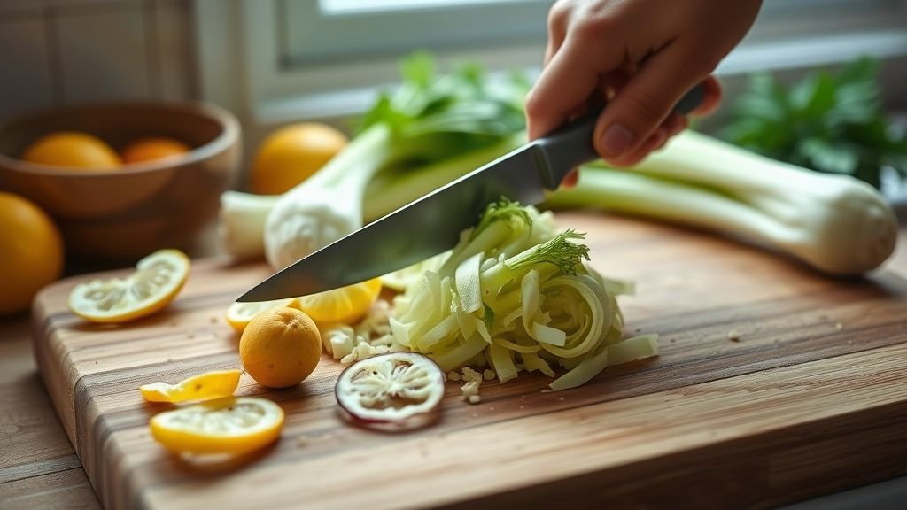 Mains éminçant finement du fenouil sur une planche en bois avec des agrumes à côté