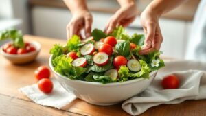Salade verte composée d’été avec légumes frais, graines et basilic sur une table en bois