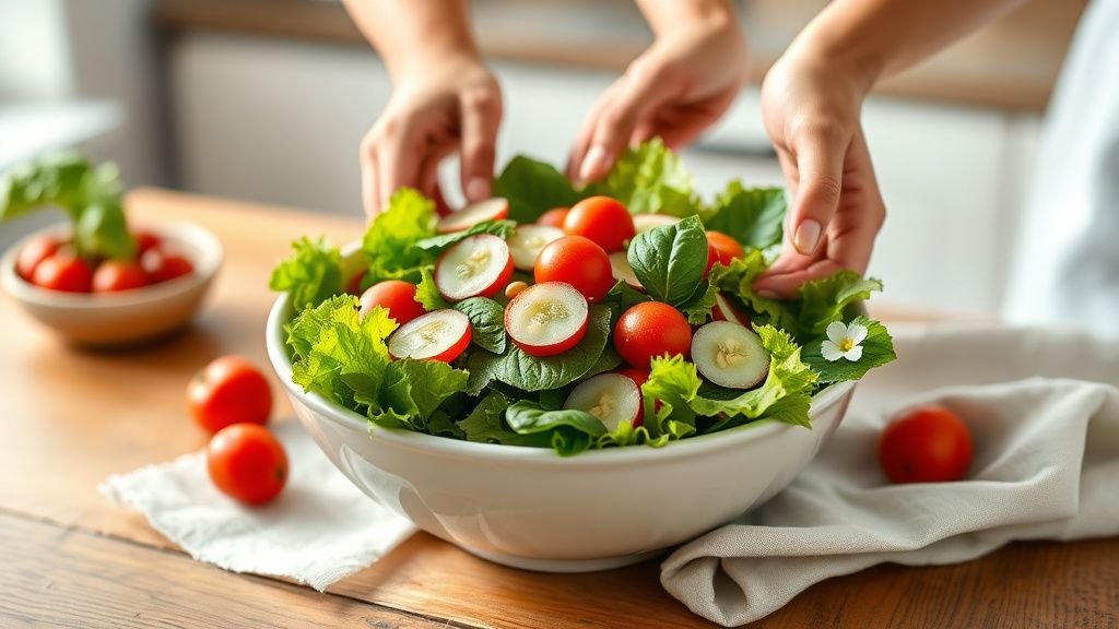 Salade verte composée d’été avec légumes frais, graines et basilic sur une table en bois