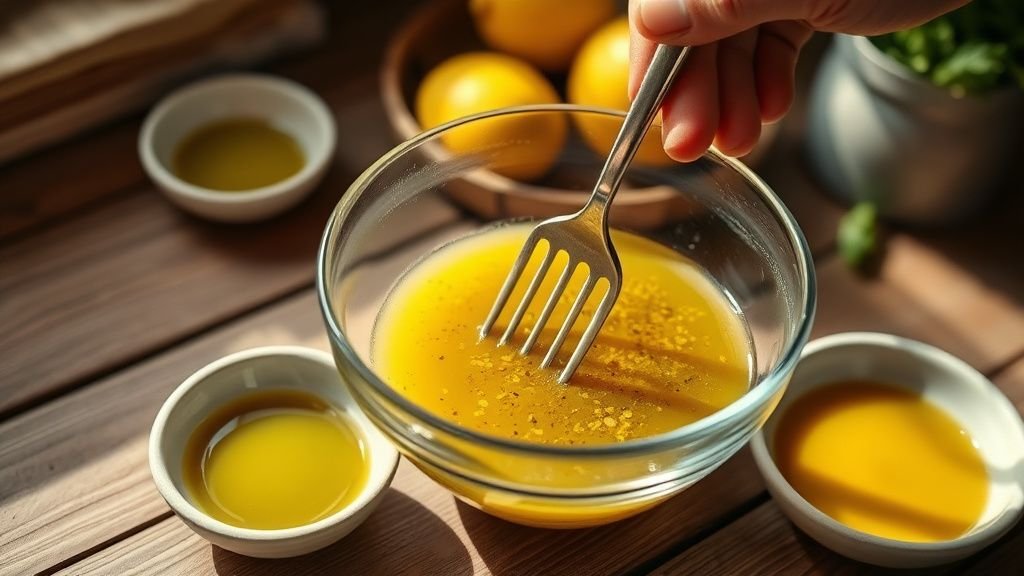 Préparation d’une vinaigrette maison dans un petit bol sur un plan de travail en bois