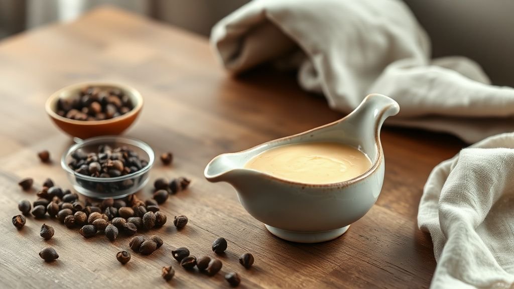 Sauce au poivre sans lactose servie dans une saucière rustique avec grains de poivre sur table en bois