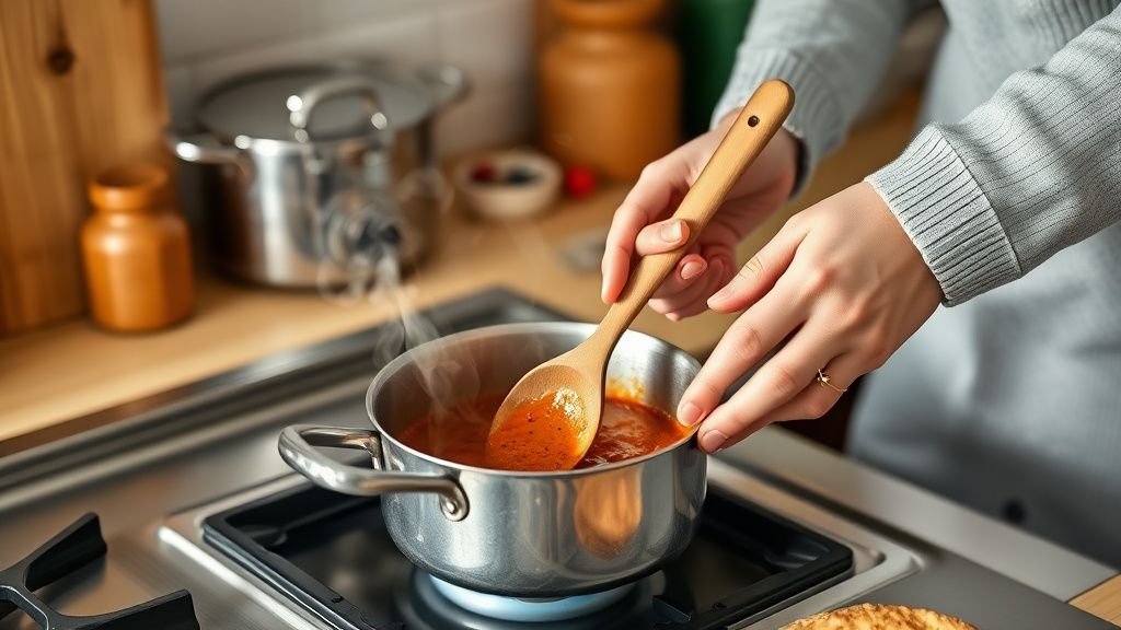 Mains remuant une sauce au poivre dans une petite casserole avec vapeur et ingrédients bruts à côté