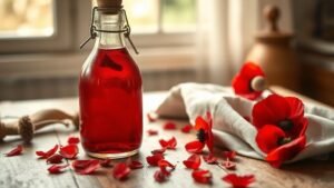 Bouteille de sirop de coquelicot maison sur une table en bois avec pétales rouges et lumière naturelle