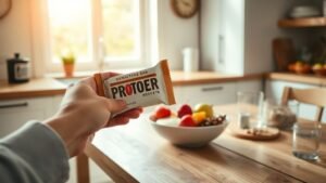 Main tenant une barre minceur générique près d’un petit repas simple sur une table en bois