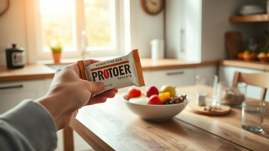 Main tenant une barre minceur générique près d’un petit repas simple sur une table en bois