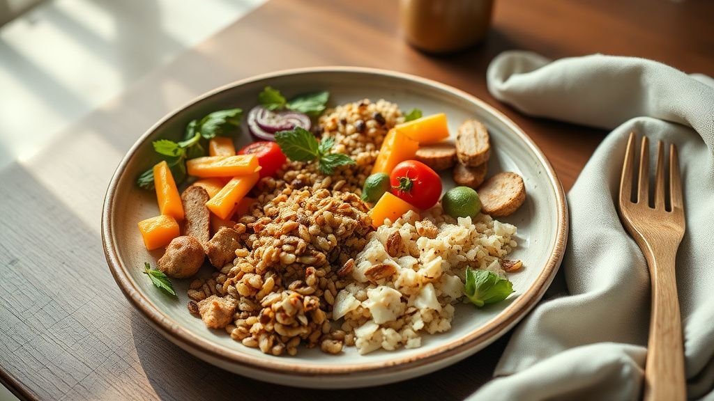 Assiette maison équilibrée avec légumes, céréales et protéines sur une table en lumière naturelle