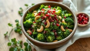 Bol de taboulé de brocoli aux herbes fraîches, citron et noix de cajou sur table en bois
