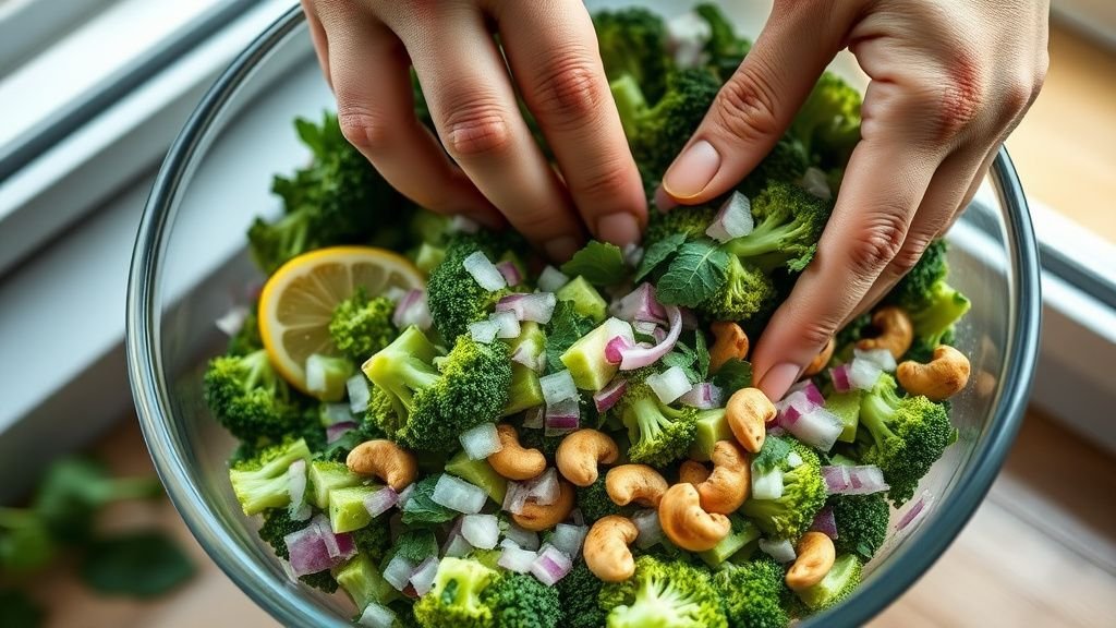 Mains mélangeant du brocoli haché, de la menthe, du citron et des noix de cajou dans un grand saladier