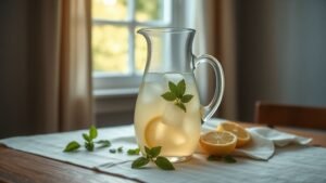 Carafe de thé blanc glacé avec glaçons, menthe et citron sur une table en bois sous lumière naturelle
