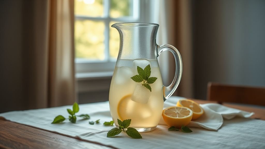 Carafe de thé blanc glacé avec glaçons, menthe et citron sur une table en bois sous lumière naturelle