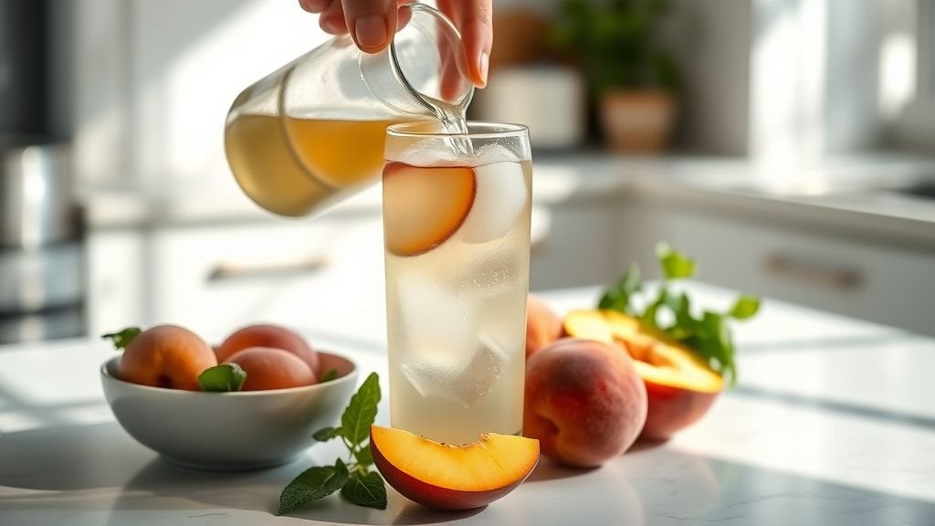 Mains versant du thé blanc glacé dans un verre avec des fruits frais et de la menthe dans une cuisine lumineuse