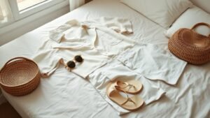 Tongs chic : comment les porter sans faux pas cet été 1 Tenue d’été chic avec tongs métallisées posées près d’une chemise fluide et d’un sac en fibres naturelles