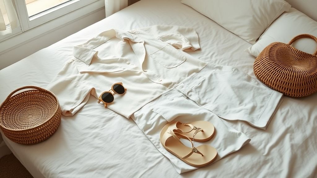 Tenue d’été chic avec tongs métallisées posées près d’une chemise fluide et d’un sac en fibres naturelles