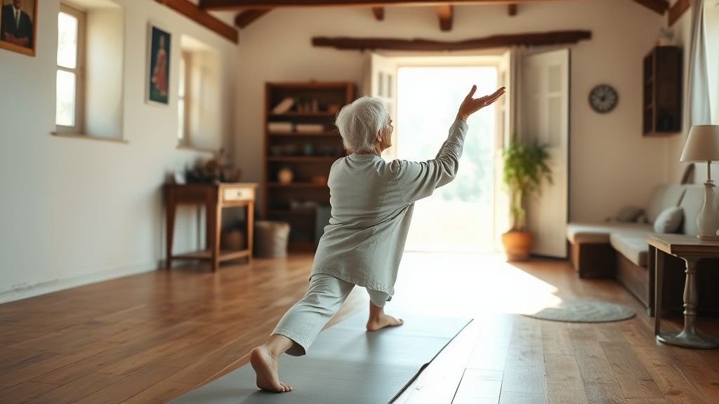 Femme âgée pratiquant le yoga en douceur dans une pièce lumineuse au style simple et apaisant