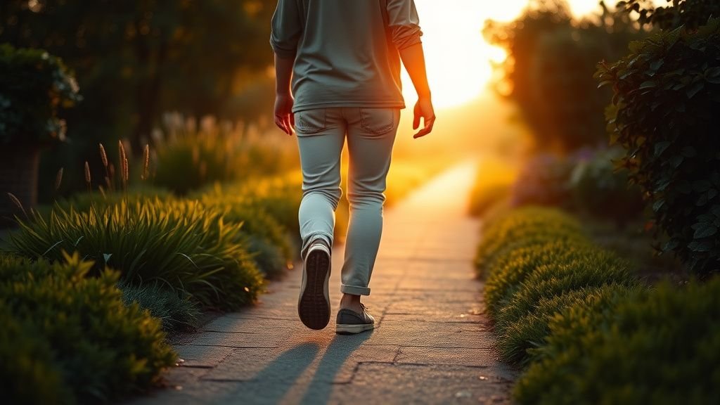 Personne marchant tranquillement sur un chemin de jardin au lever du jour, dans une ambiance paisible