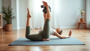 Abdos après 40 ans : l’exercice doux à faire chez soi 1 Femme réalisant un exercice de pont sur un tapis dans un intérieur lumineux et apaisant