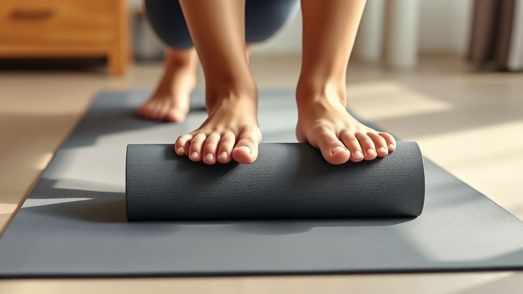 Abdos après 40 ans : l’exercice doux à faire chez soi 2 Mains et pieds en appui sur un tapis avec rouleau en mousse pour un exercice de pont