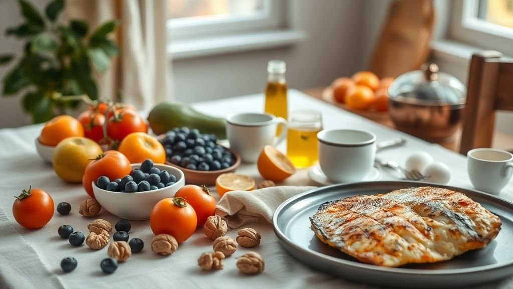 Alimentation anti-âge : les 10 aliments à mettre au menu 1 Assiette d’aliments frais pour une alimentation anti-âge, avec fruits, poisson, avocat et huile d’olive