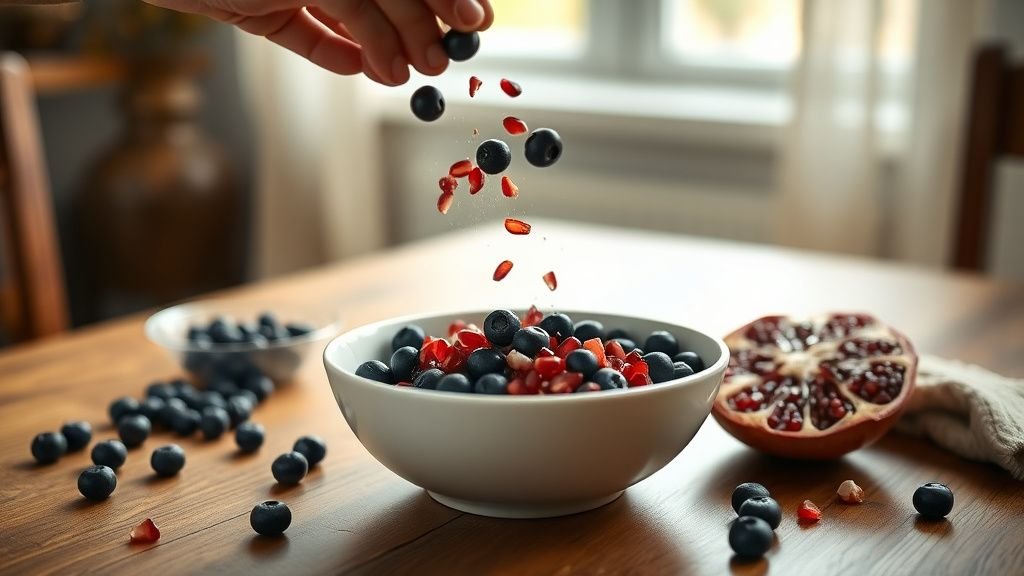 Alimentation anti-âge : les 10 aliments à mettre au menu 2 Mains ajoutant des myrtilles et des graines de grenade dans un bol de petit-déjeuner sur table en bois