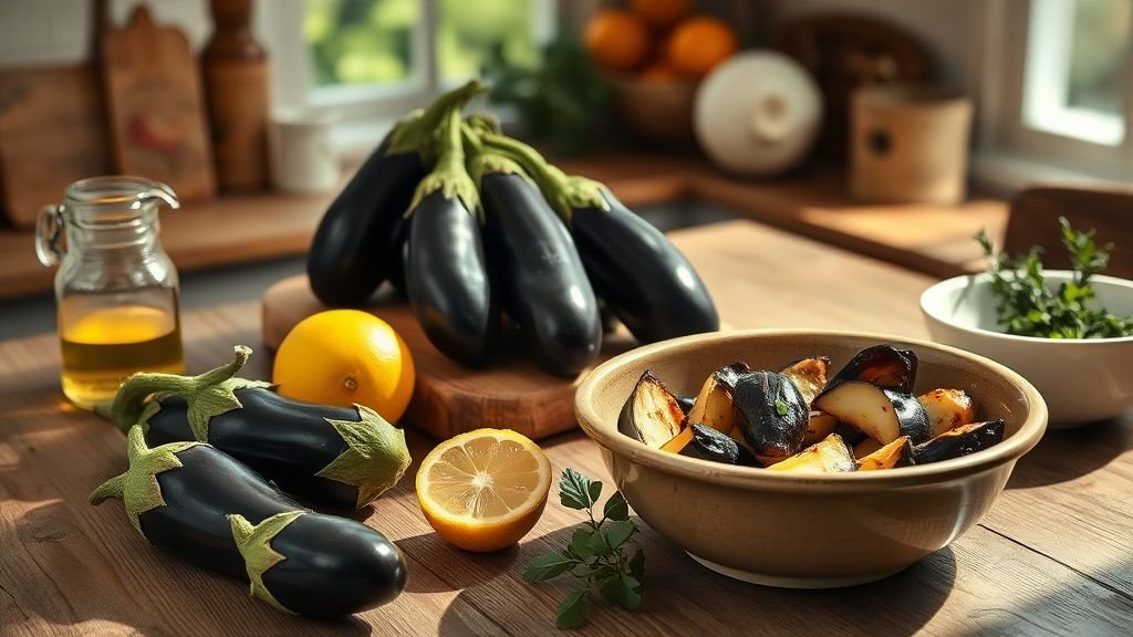 Aubergine après 50 ans : l’alliée légère et rassasiante 1 Aubergines fraîches et ingrédients simples sur une table de cuisine en lumière naturelle