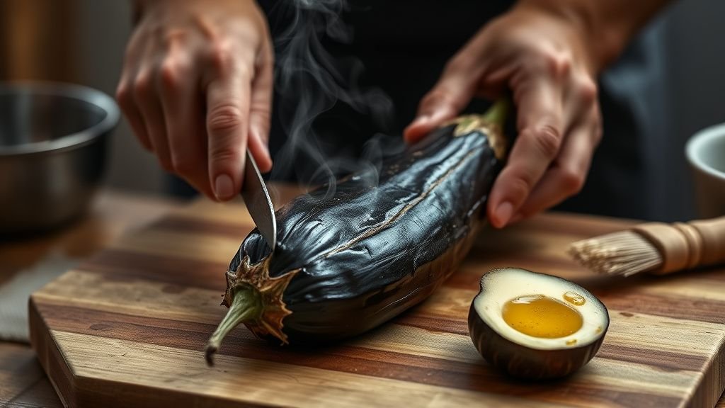 Aubergine après 50 ans : l’alliée légère et rassasiante 2 Mains coupant une aubergine rôtie sur une planche en bois dans une cuisine lumineuse