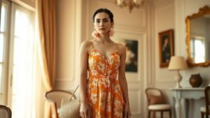 Bijoux Zara : l’astuce chic pour un look qui semble luxueux 1 Femme en robe d’été lumineuse portant de grandes boucles d’oreilles florales dans une ambiance élégante