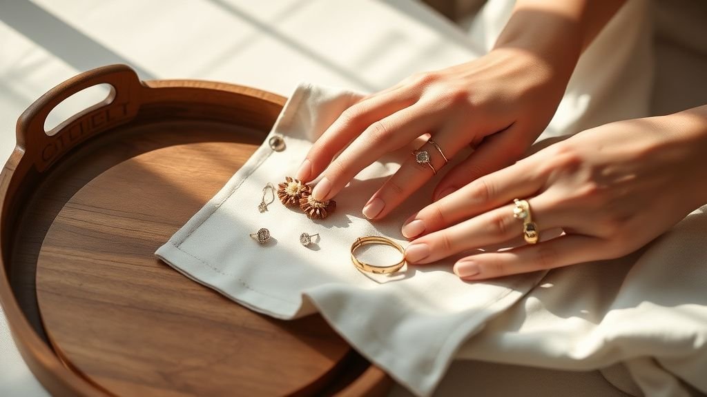 Bijoux Zara : l’astuce chic pour un look qui semble luxueux 2 Mains disposant des bijoux sur un tissu en lin dans une ambiance douce et naturelle