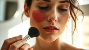 Blush rouge : la teinte qui donne un effet retour de vacances 1 Application d’un blush rouge sur la joue dans une lumière naturelle et douce